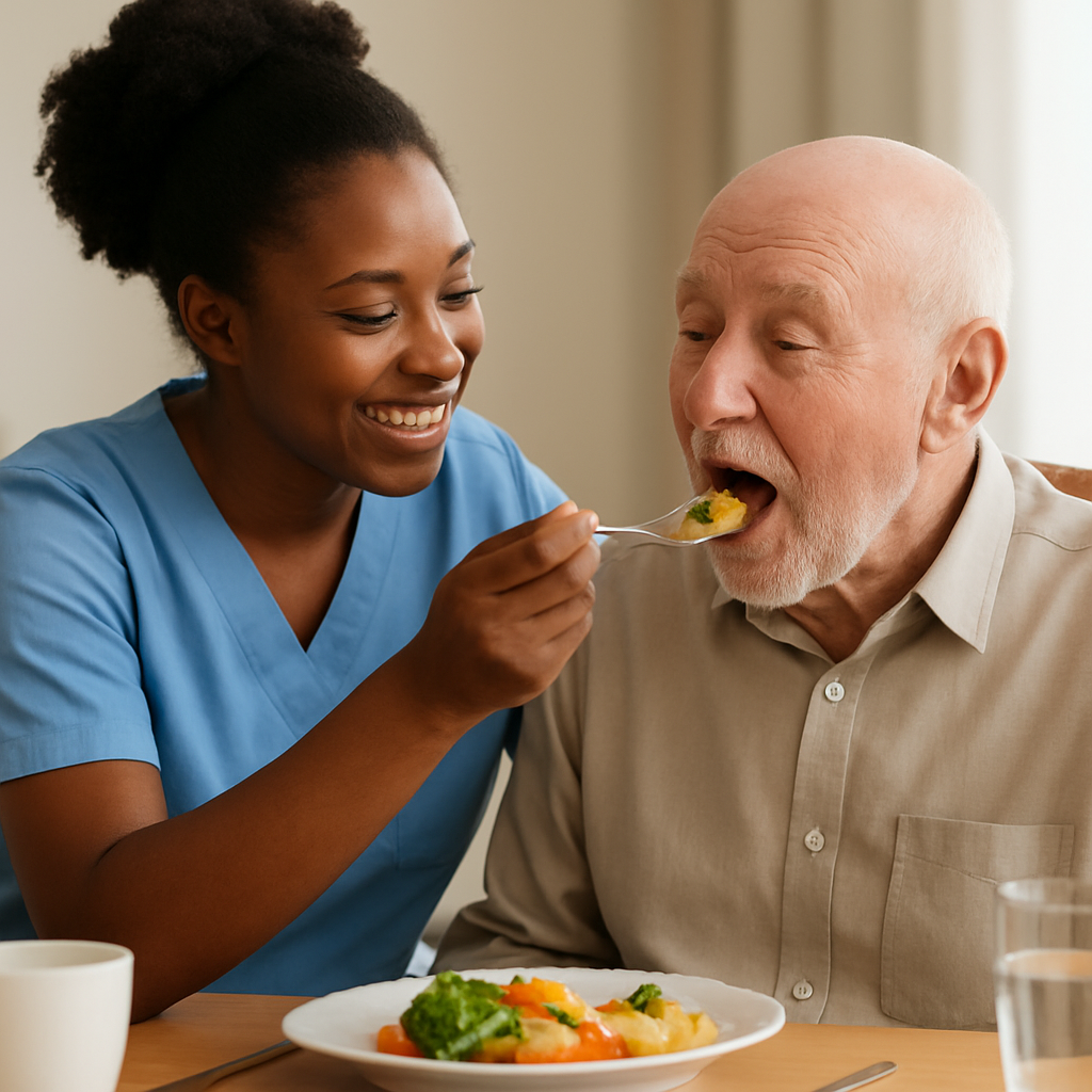 Caregiver assisting elderly man with a meal — compassionate feeding assistance at home